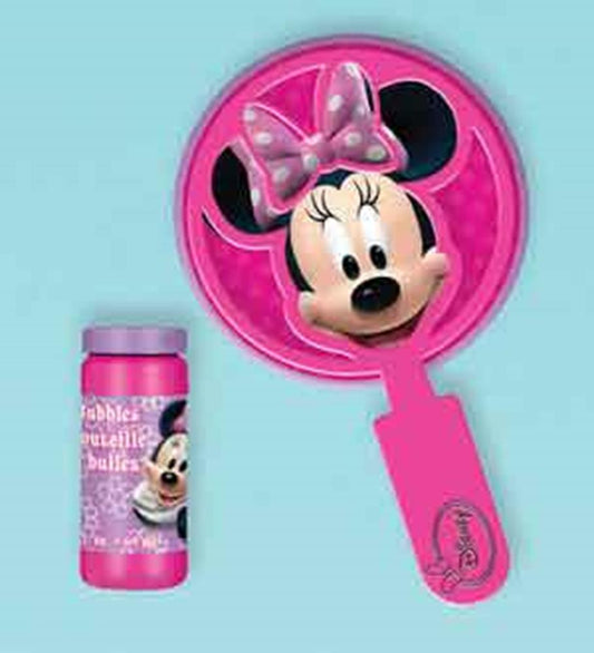Pink plastic bubble wand with Minnie Mouse face and polka dot bow, accompanied by pink bubble solution bottle.