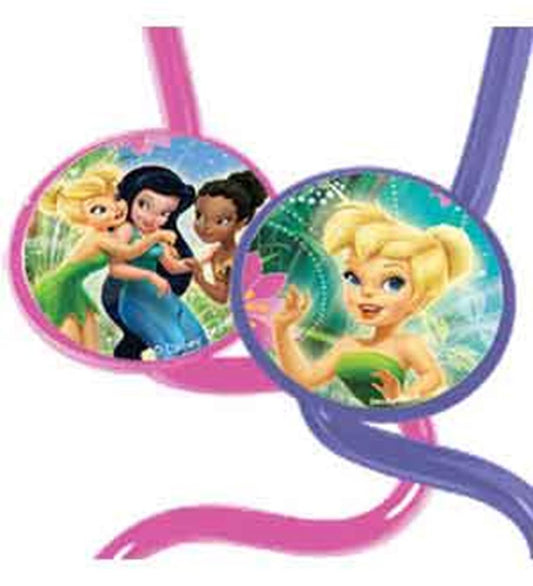 Two colorful plastic necklaces with round pendants featuring Disney fairies, one with a pink cord and the other purple.