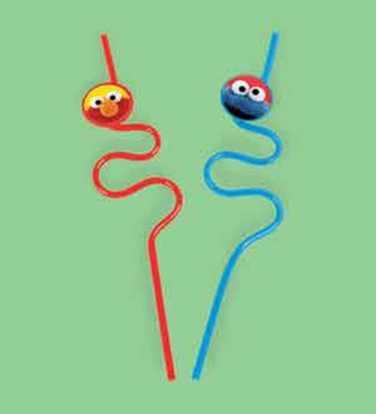 Set of two plastic twisty straws with Sesame Street character tops, one red with Elmo and one blue with Cookie Monster.