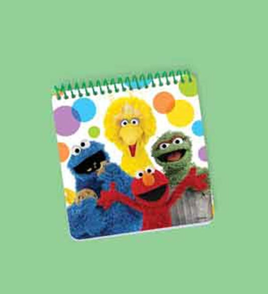Square spiral-bound notepad with colorful Sesame Street characters on white cover and polka dots.