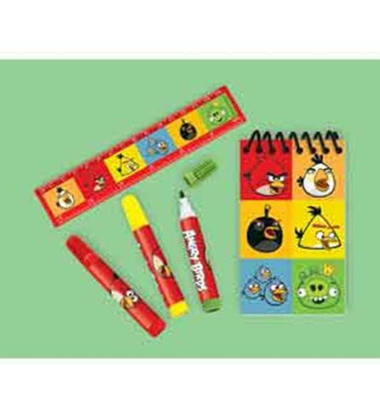 Angry Birds-themed stationery set with red ruler, markers, whiteboard pen, and small spiral notebook featuring colorful.