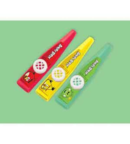 Three colorful plastic Angry Birds-themed kazoos in red, yellow, and green with character faces and logo text on each.