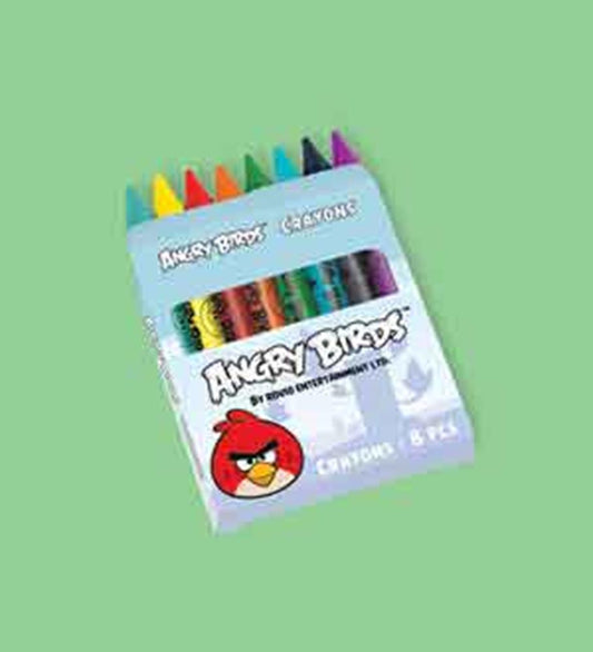 Small rectangular box of Angry Birds crayons with colorful tips visible, featuring the red Angry Bird character on a light.