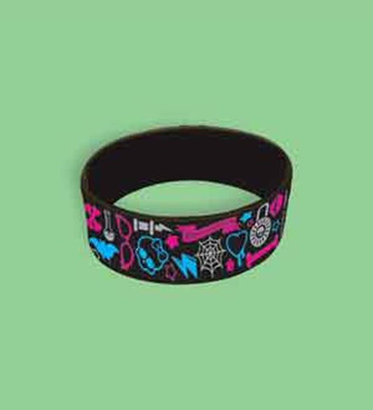 Black silicone cuff band with colorful Monster High-themed icons in pink and blue.