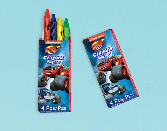 Blaze Monster Machines crayons box with four crayons in red, orange, black, and green colors on blue background.