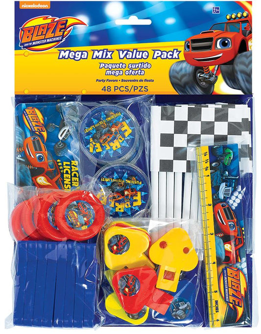 Blaze Monster Machines 48-piece party favor pack with whistles, blowouts, cups, and checkered flags in colorful packaging.