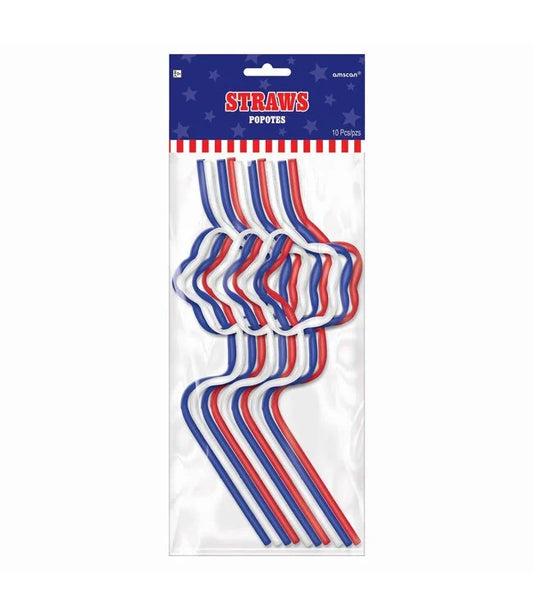 Set of 10 plastic straws shaped like stars with red, white, and blue stripes.