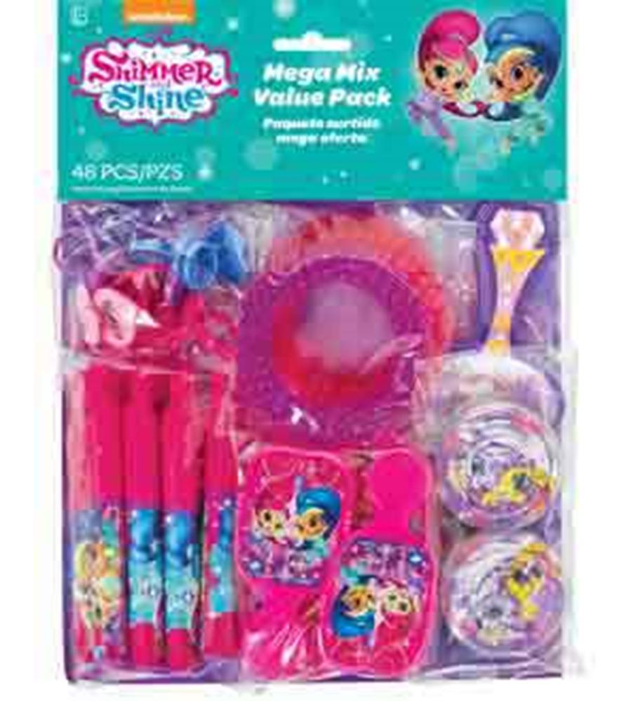 Shimmer and Shine party favors set with bracelets, rings, whistles, and blowouts in pink and purple packaging.