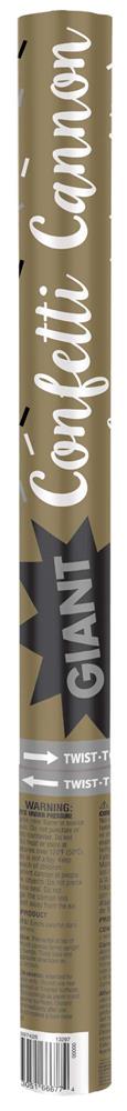 Black, silver, and gold confetti cannon with "GIANT Confetti Cannon" text, metallic finish.