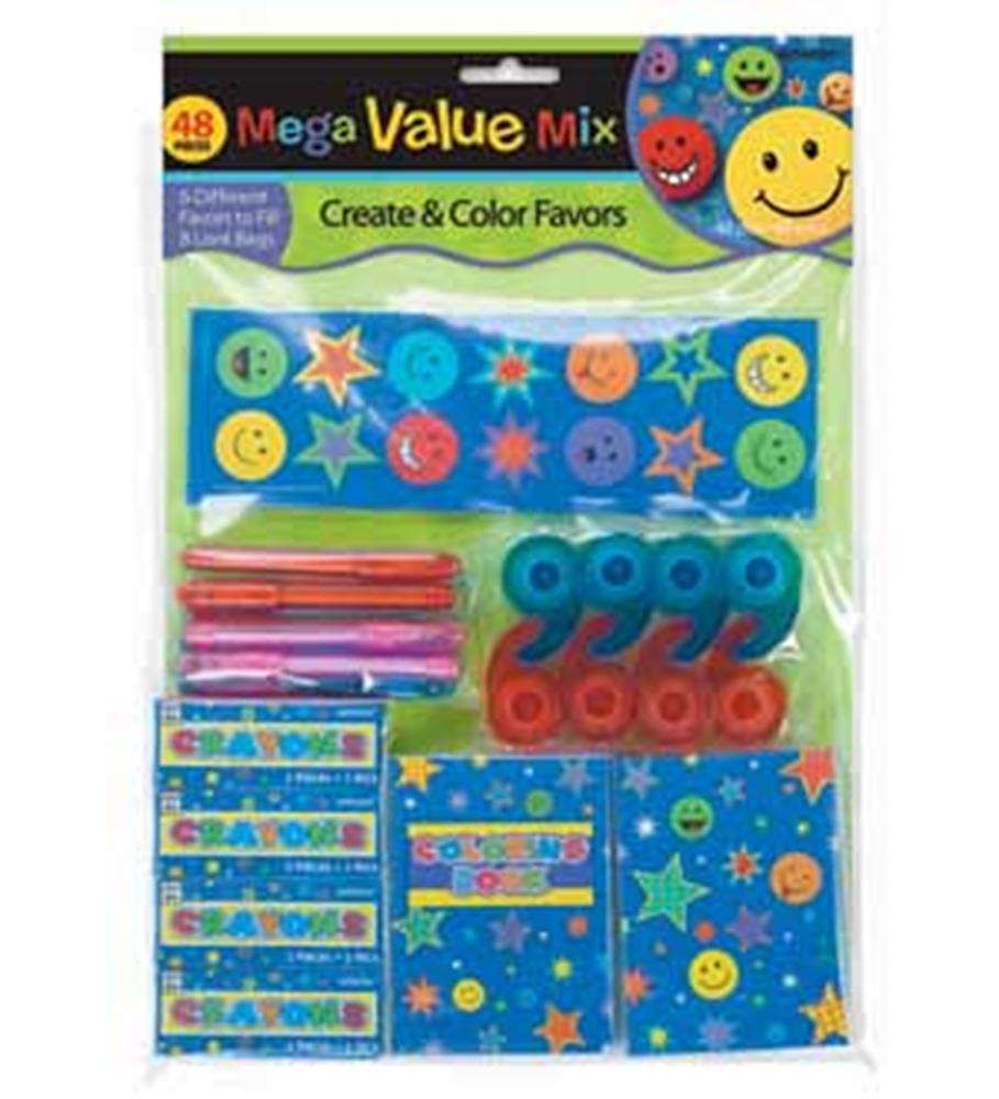 48-piece Create and Color Favor Pack with colorful crayons, stickers, and stamps in blue packaging.