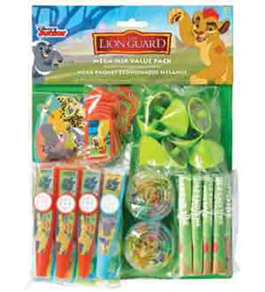 Lion Guard party favors pack with blowouts, noisemakers, green whistle toys, and themed bracelets in colorful packaging.