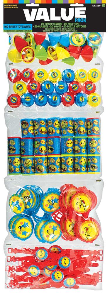 Assorted smiley face toy favors in various styles and colors, packaged in a value pack of 100 pieces.