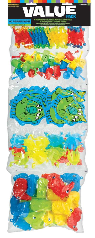 Assorted colorful plastic animal figurines in transparent packaging with value label.