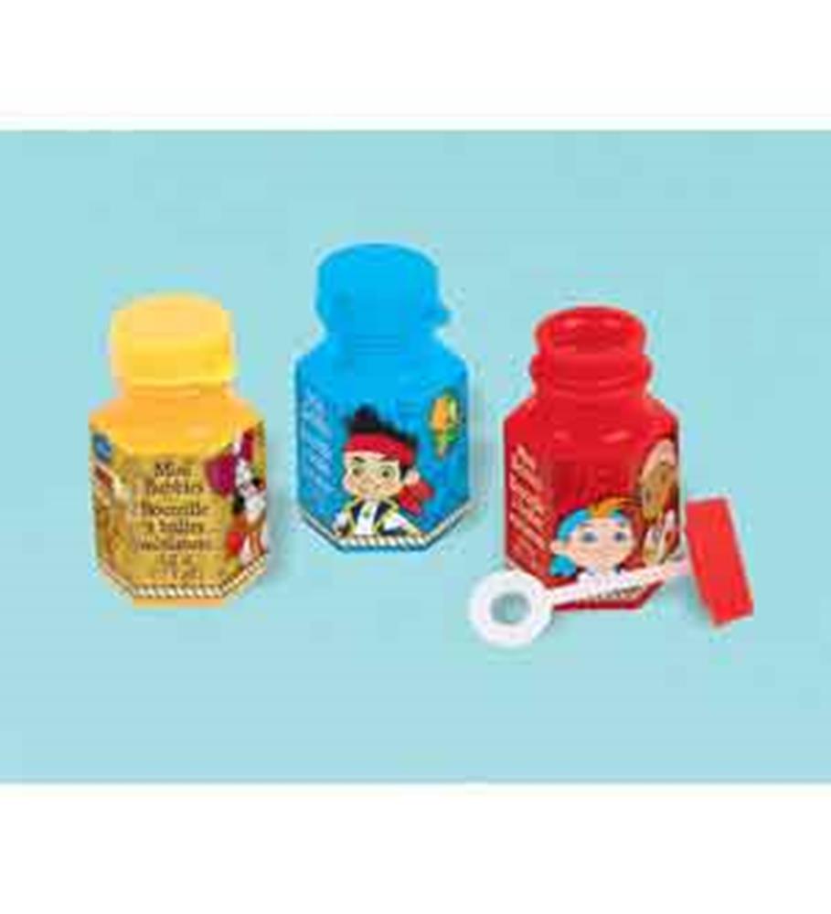 Three small plastic bubble bottles in yellow, blue, and red with Jake and the Neverland Pirates character labels, one with a