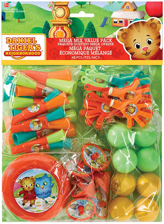 Daniel Tiger Neighborhood party kit with colorful blowouts, plates, cups, and balloons in orange, green, yellow, and teal.