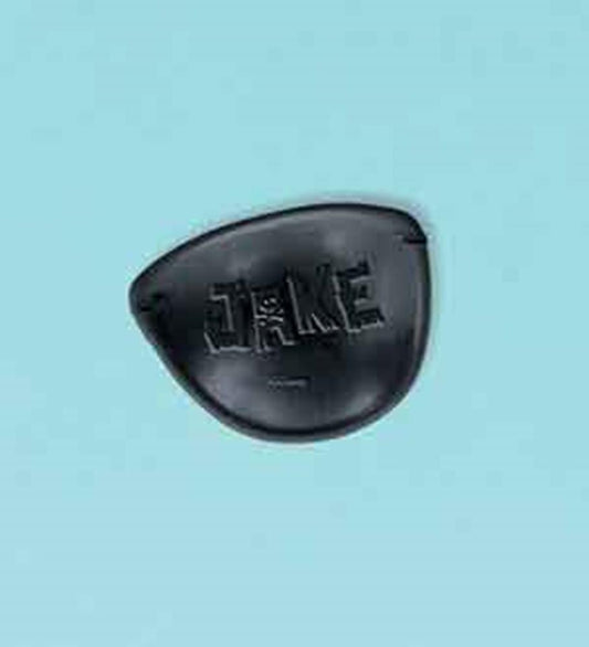 Black synthetic leather eye patch with "JAKE" embossed on front, shaped for one eye.
