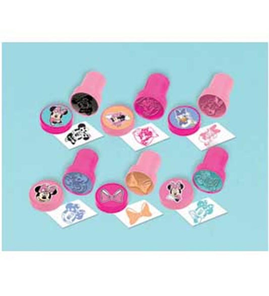 Six pink and purple Minnie Mouse-themed stampers with matching stamped images on white cards.