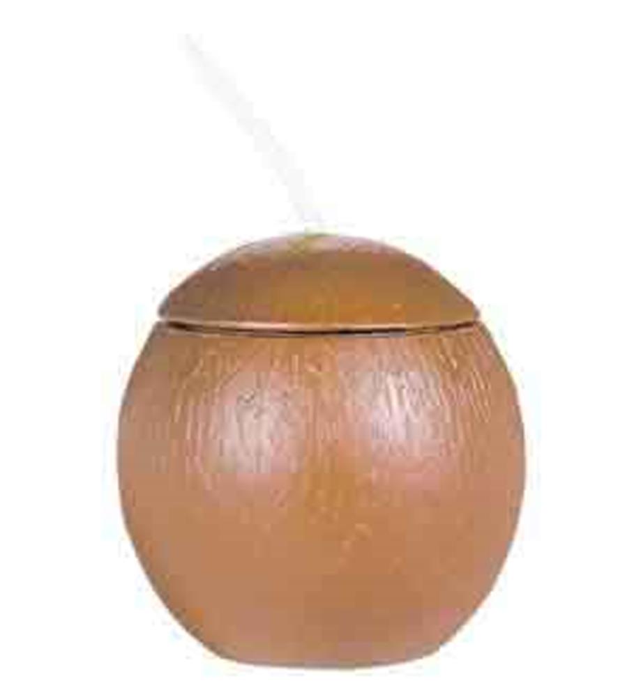 Brown coconut-shaped plastic cup with lid and white straw, textured surface.
