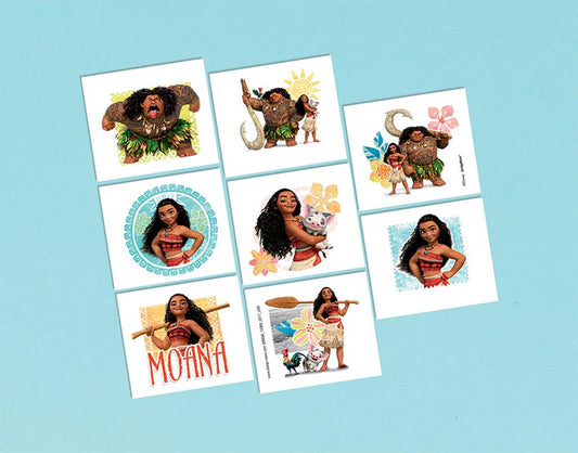 Eight colorful Disney Moana temporary tattoos featuring characters and tropical designs on white squares.