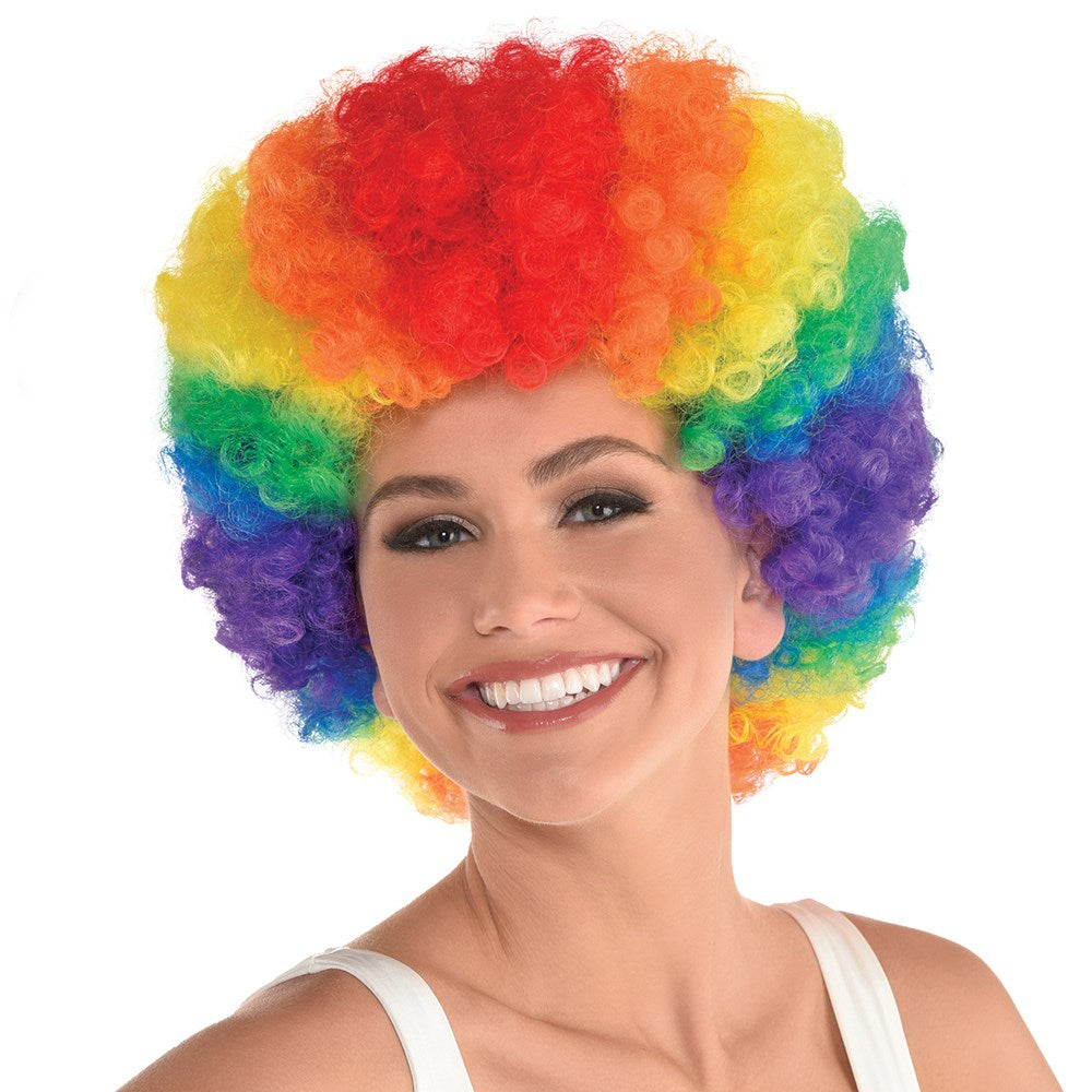 Bright rainbow-colored curly wig with voluminous, bouncy curls in red, orange, yellow, green, blue, and purple tones.