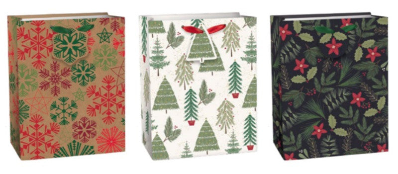 Red and green snowflakes on brown, green Christmas trees with red birds on white, and red berries with green leaves on black