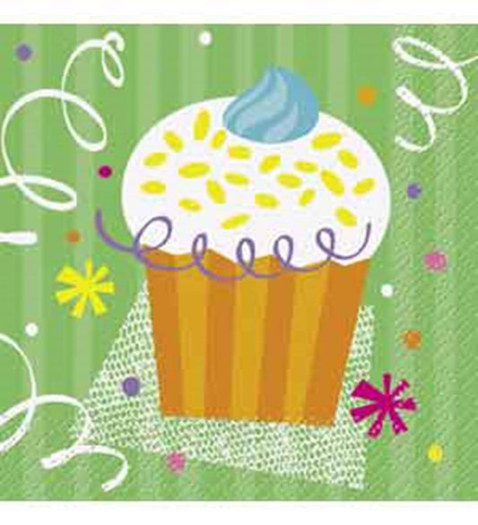 Green napkin with colorful cupcake illustration topped with blue frosting and yellow sprinkles.