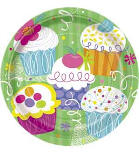 Round paper party plate with colorful cupcake illustrations on a green background, 8-pack.