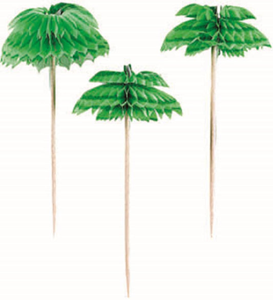 Green honeycomb paper palm tree toppers on wooden picks, set of 12 for party decoration.