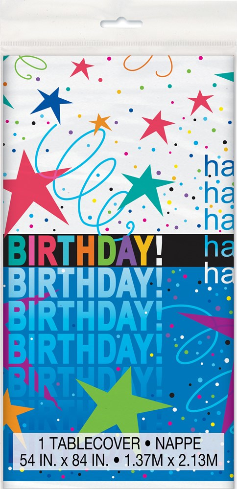 White plastic tablecover with colorful stars, confetti swirls, and repeating "HAPPY BIRTHDAY" text in blue and pink colors.