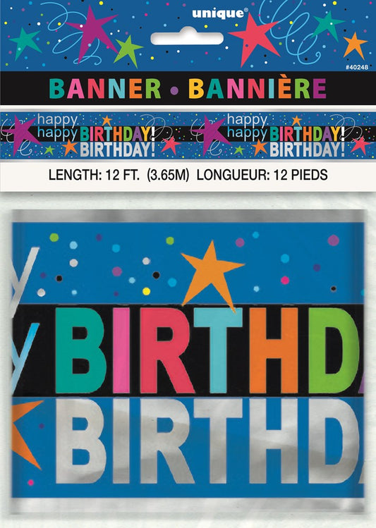 12ft cosmic-themed foil birthday banner with colorful stars and "HAPPY BIRTHDAY" in bright letters.