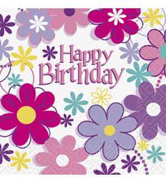 Colorful floral birthday napkin with pink, purple, yellow, and teal flowers, and "Happy Birthday" text in pink letters.