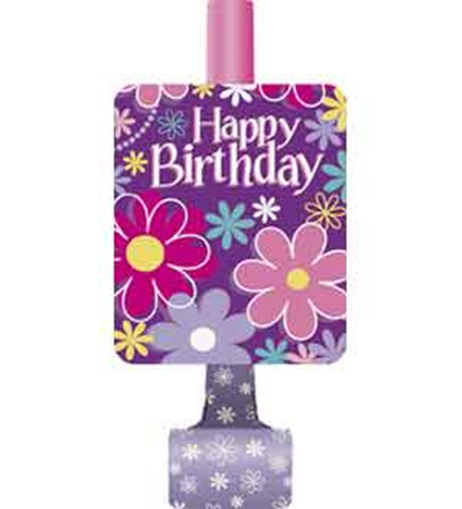 Purple birthday blowout with colorful flowers and "Happy Birthday" text in white and yellow.