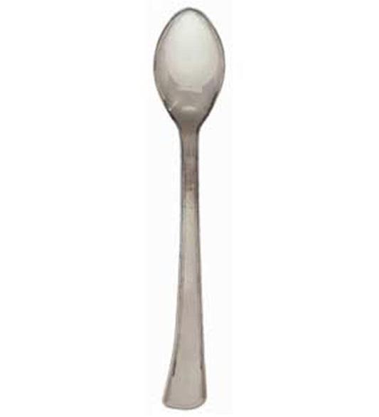 Set of 20 sleek, polished silver-tone mini spoons with rounded bowls and straight handles.