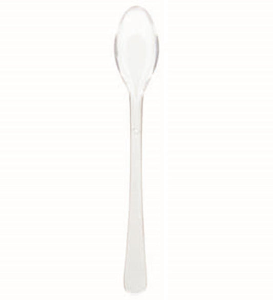 Clear small plastic spoon with long handle and rounded bowl.