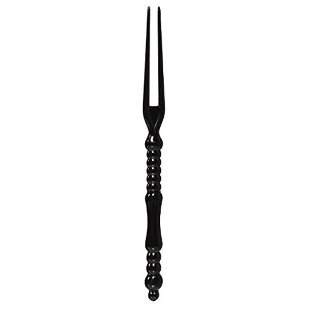 Translucent black plastic pick fork with two prongs and beaded handle design.