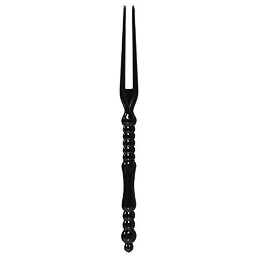 Translucent black plastic pick fork with two prongs and beaded handle design.