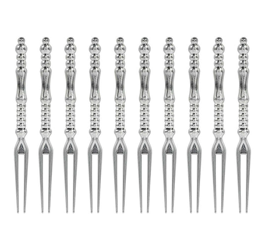 Set of ten silver translucent pick forks with ornate, rounded handles and two-pronged tips.