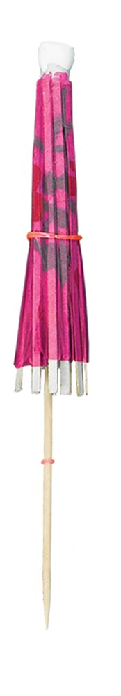 Set of closed jumbo cocktail umbrellas with bright pink tops and light wooden sticks bundled together with rubber bands.