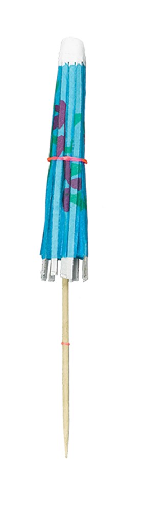 Colorful jumbo cocktail umbrella with blue canopy, floral print, and wooden stick handle.