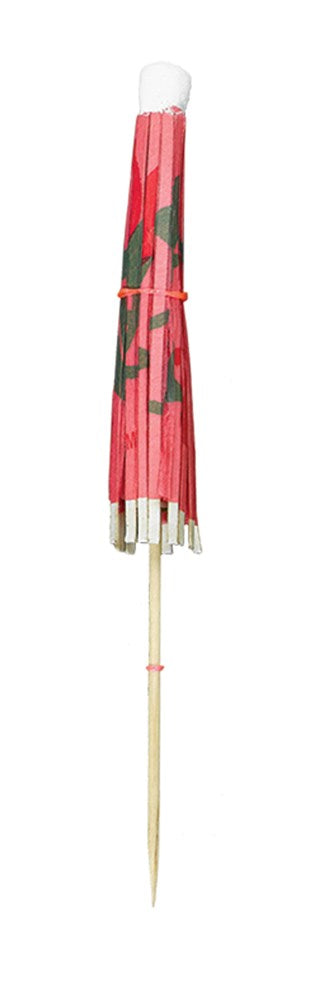 Assorted jumbo cocktail umbrella picks with colorful paper canopies and wooden sticks bundled together.