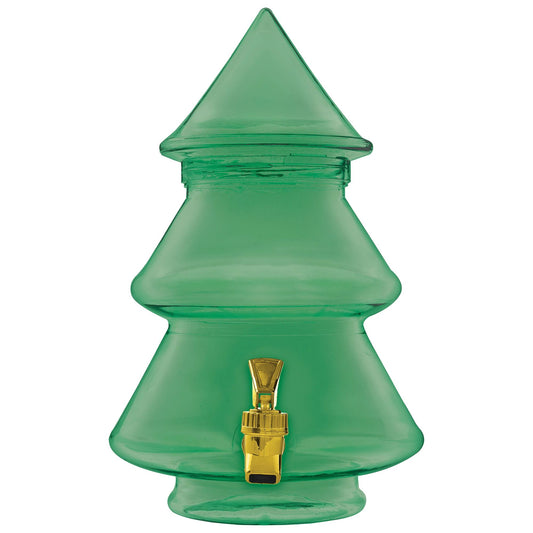 Green translucent plastic drink dispenser shaped like a tiered Christmas tree with a gold spigot at the base.