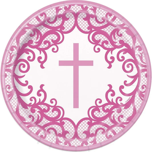 9-inch round paper plate with a pink ornate cross in the center and intricate pink lace-like border designs.