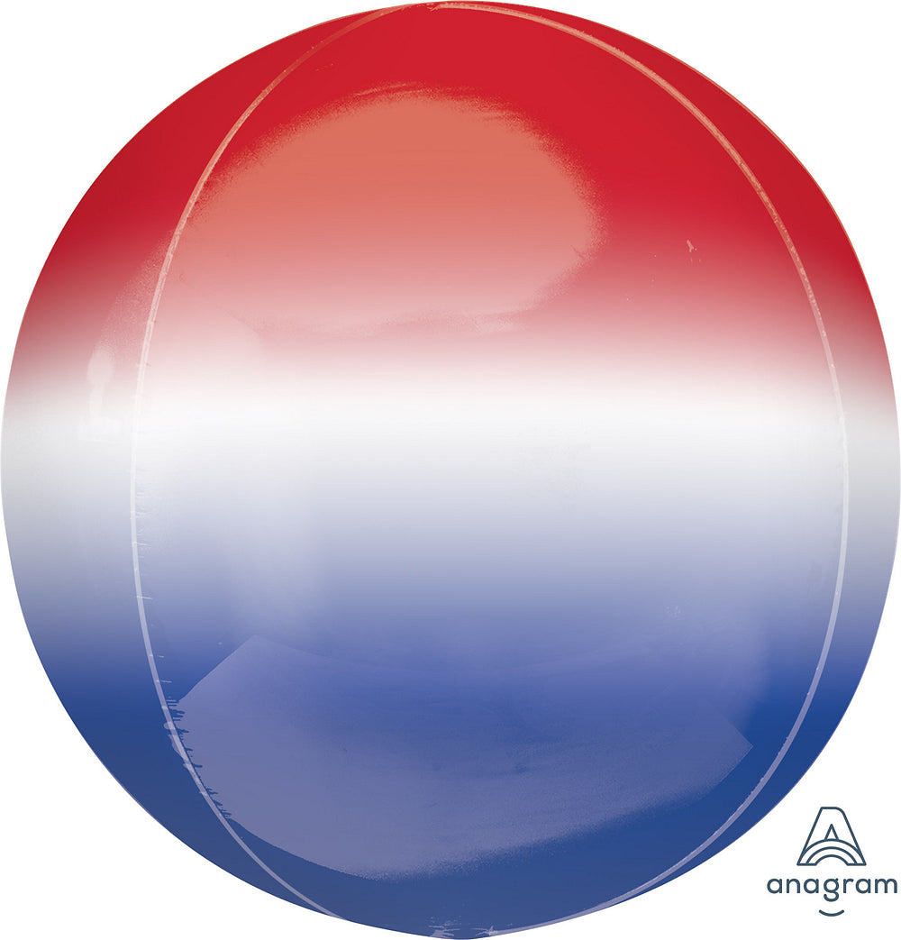 Round 16-inch foil balloon with ombre red, white, and blue gradient colors and shiny finish.
