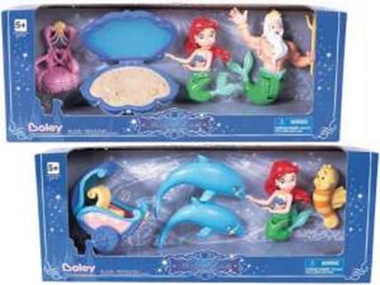 Two sets of colorful plastic figurines from Disney's Finding Dory and The Little Mermaid, featuring characters like Ariel,.