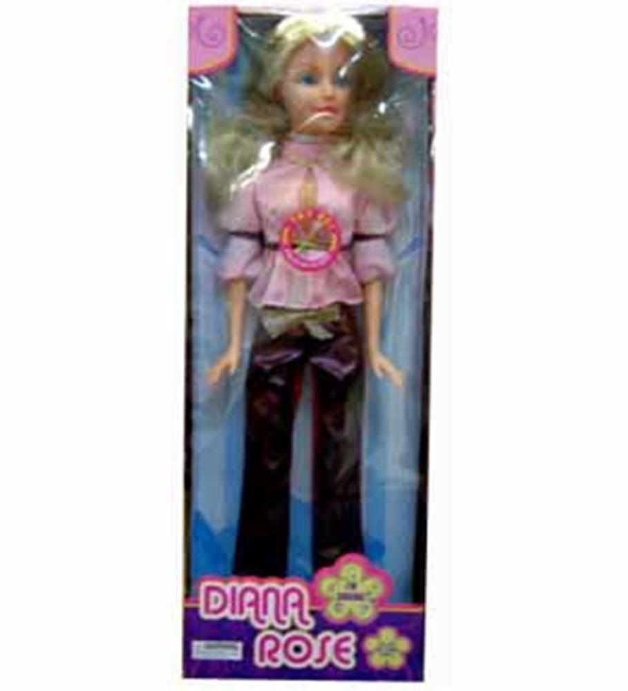 Blonde doll in pink top with flower design and dark pants, packaged in tall box labeled Diana Rose.