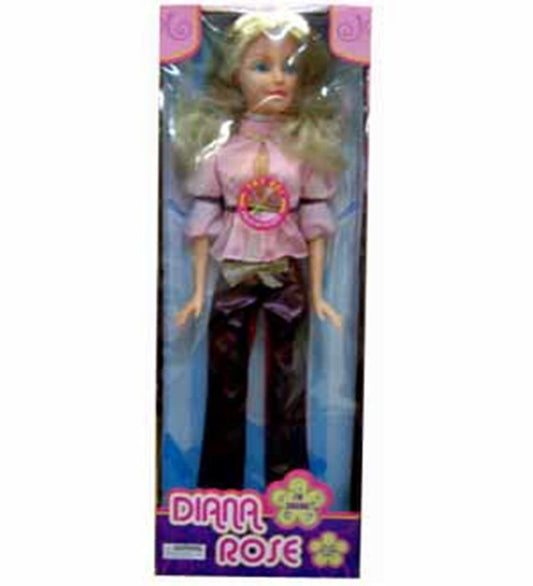 Blonde doll in pink top with flower design and dark pants, packaged in tall box labeled Diana Rose.