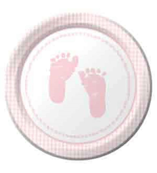 Round 7-inch paper plate with pink plaid border and pink baby footprints in the center.