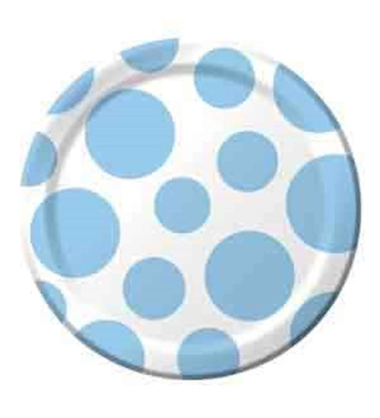 Round white plate with pastel blue polka dots in varying sizes, 7-inch diameter.