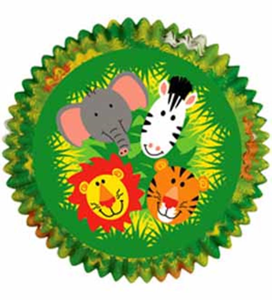Green baking cups with cartoon jungle animals including an elephant, zebra, lion, and tiger.