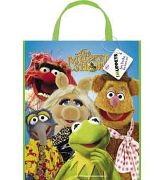 Blue rectangular tote bag featuring colorful Muppet characters and green handles.
